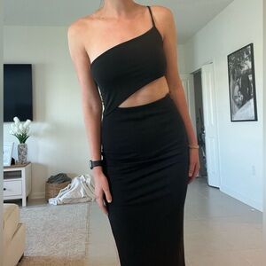 Black midi dress: One-Shoulder Cutout